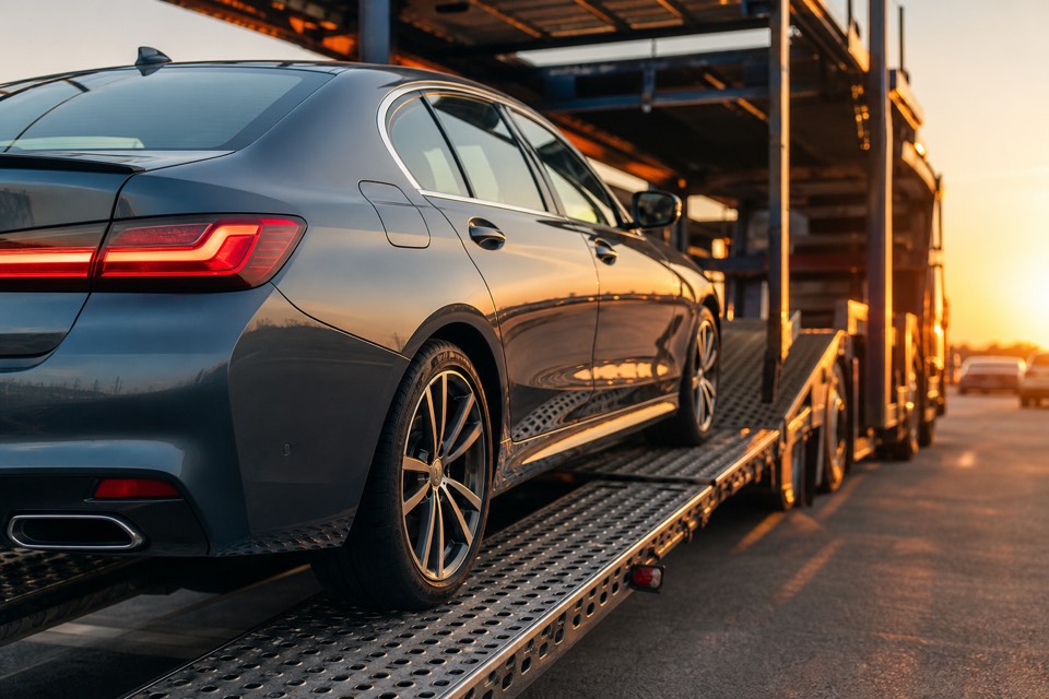 Naujas automobilis užvažiuoja ant autovežio platformos